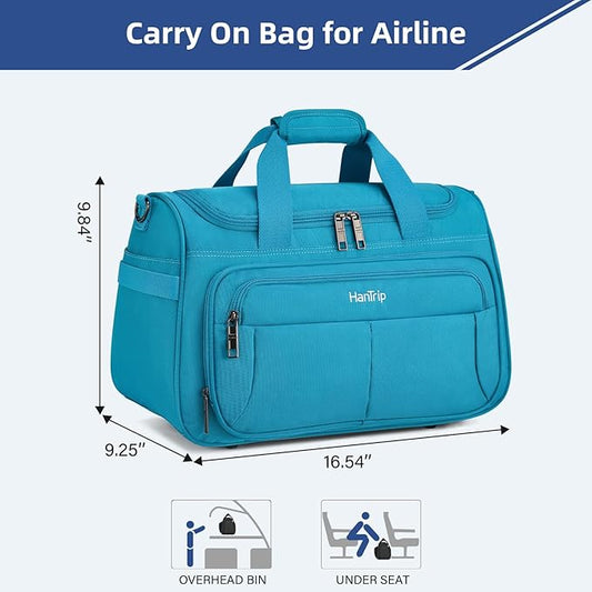 HanTrip Carry on Duffel Bag Foldable Duffle Bags for Travel, Under Seat Personal Item Bags for Airplanes, Weekender Overnight Mens Travel Tote Bag for Women Softside Carry on Luggage (Caribbean Blue)