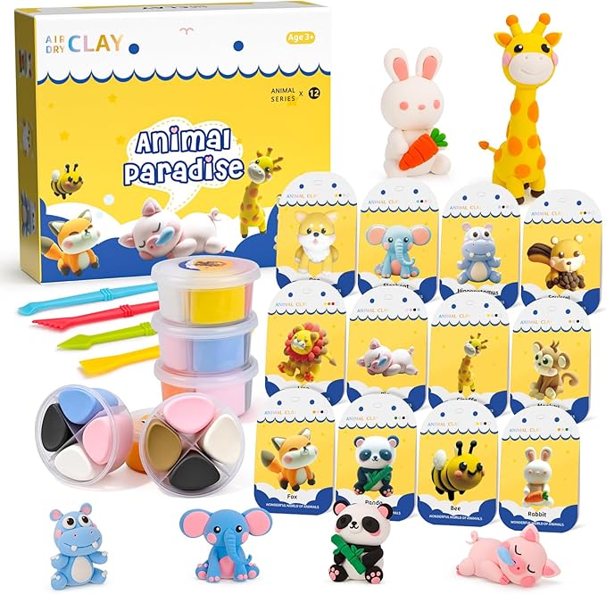 Air Dry Clay Kits, Modeling Clay for Kids with Sculpting Tools and Tutorials, Modeling Magic 12 Animals Arts Crafts Kits, Safe and Non-Toxic DIY Christmas Gift for Kids Toys for Girls