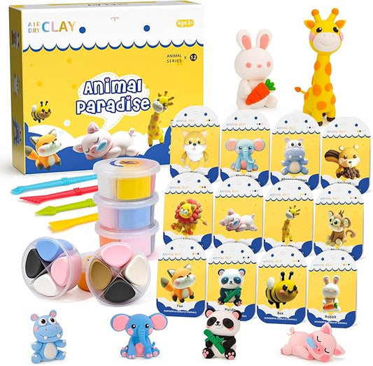 Air Dry Clay Kits, Modeling Clay for Kids with Sculpting Tools and Tutorials, Modeling Magic 12 Animals Arts Crafts Kits, Safe and Non-Toxic DIY Christmas Gift for Kids Toys for Girls