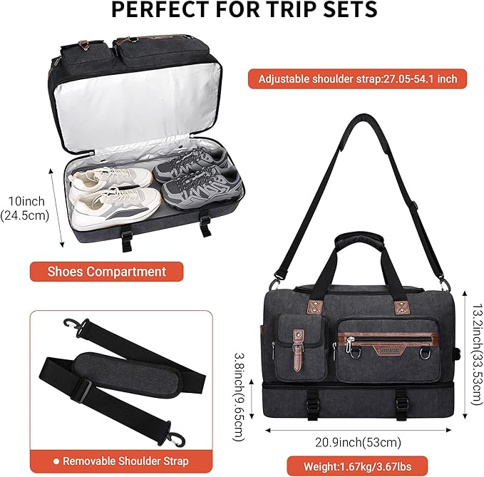 WITZMAN Canvas Weekender Bag Mens Overnight Bag for Traveling Carry on Duffle Bags with Shoes Compartment（A8010 Classic Black）