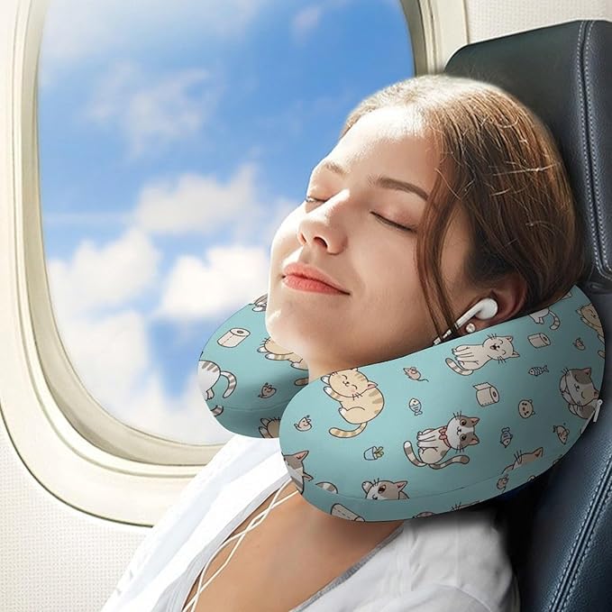 Memory Foam U-Shaped Travel Pillow Neck Pain Relief, Cute Funny Cats Mint Green Art U-Shape, Removable Cover Airplane Car Office