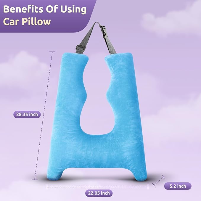 Car Pillow for Kids, Travel Pillow with Adjustable Strap, U-Shaped Pillow for Adults and Children to Support Head and Body Road Trip Essentials (Blue)