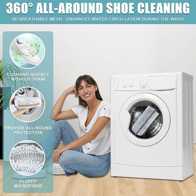 XXL Shoe Washing Machine Bag - 2-Pack Reusable Shoes Cleaning Bags, 360° Deep Clean for Tennis Shoes, Sneakers and Slippers, Includes 2 Shoe Storage Dust Bags (White)
