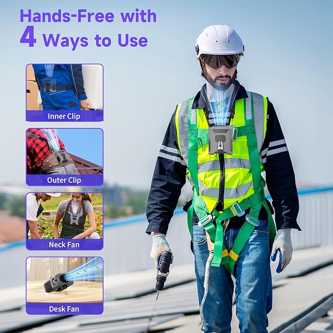 Portable Waist Fan with 5 Speeds, 16000RPM Strong Airflow, 10000mAh Rechargeable Hands-Free Neck Fan with Flashlight & SOS Mode, Wearable Clip Belt Fans for Camping Travel Jobsite Farms Fishing