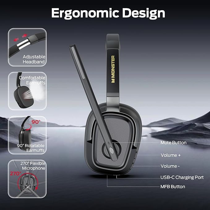 Monster VoiceLink 200 Wireless Headset with Mic for Work, Bluetooth V5.4 Headphones with AI Noise Cancelling Mic & USB Dongle, 60H Playtime & Mic Mute for Computer/Laptop/PC/iPhone/Android