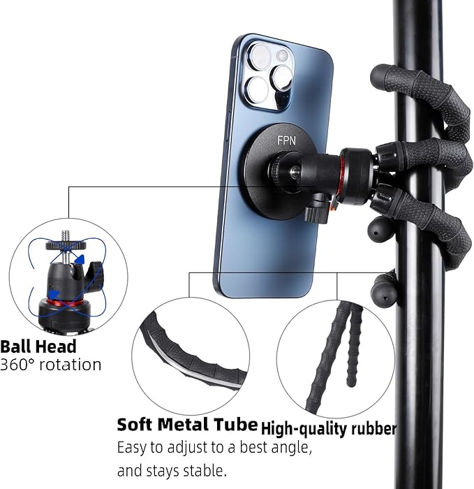 Flexible Mini Tripod for MagSafe, Portable Small Magnetic Phone Tripod with Wireless Remote for Video Recording/Vlogging/Selfie, Compatible with iPhone 17 16 15 14 Pro Max 13 12 Series