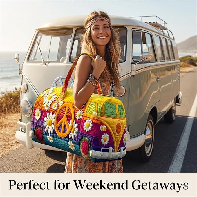 Hippie Van Quilted Duffle Bag, Boho Weekender Travel Overnight Luggage for Women Vintage Floral Gym Tote (style2, Large (18"x9"x9"))