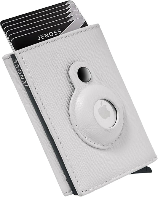 Jenoss Smart AirTag Wallet for Men & Women: Full Grain Leather, Handcrafted, Pop Up Case, Slim, RFID Blocking, Credit Card Holder, Apple Air Tag Tracker Minimalist 9-12 Slot | ID & Cash (Black& Grey)