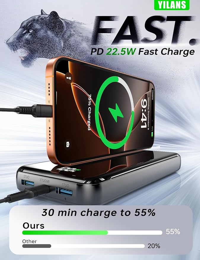 Portable Charger,50000mAh Power Bank Built-in Cable, 22.5W PD USB C in & Out Fast Charging, External Battery Pack with 6 Output & 2 Input, Travel Essential for iPhone 17/16/15/14/13/12-Grey