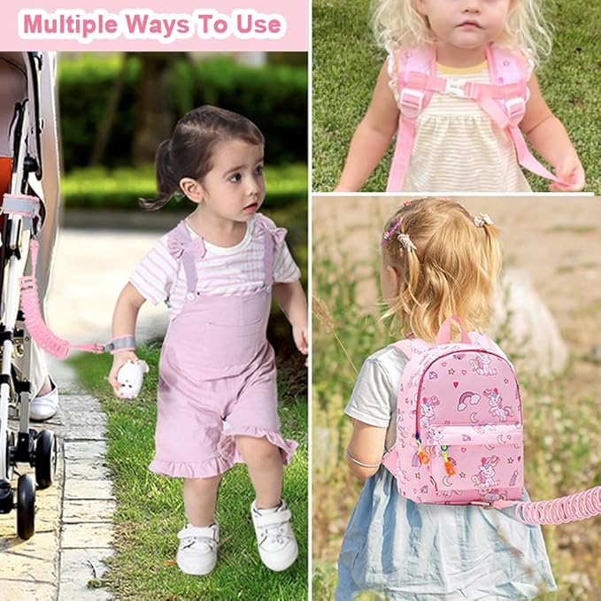 Accmor Toddler Backpack Leash with Anti Lost Wrist Link, Cute Mini Child Walking Harnesses Keep Kids Close Back Pack Rope Tether Rein for Baby Boys (Pink/Unicorn)