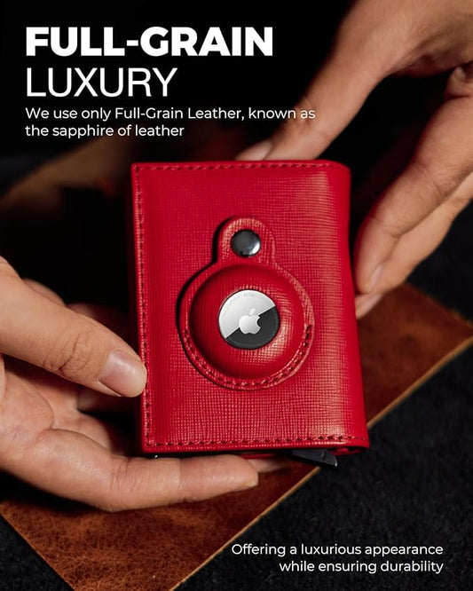 Jenoss Smart AirTag Wallet for Men & Women: Full Grain Leather, Black Pop Up Case, Slim, RFID Blocking, Credit Card Holder Apple Air Tag Tracker Trifold Minimalist 12 Slot ID (Red & Black)