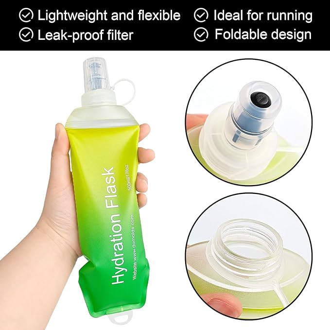 WILDREEDS 500ml Soft Flask, TPU Collapsible Soft Water Bottle for Hydration Pack, Running Vest, Folding Water Bottle for Hiking Cycling Climbing-1Pcs, Yellow to Green