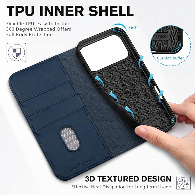 TUCCH Case Wallet for iPhone 17 Pro Max (6.9-Inch) 2025, 3 Card Slots | Kickstand | RFID Blocking | PU Leather | Protective Flip Folio Cover | TPU Shockproof Interior Shell | Deep Blue