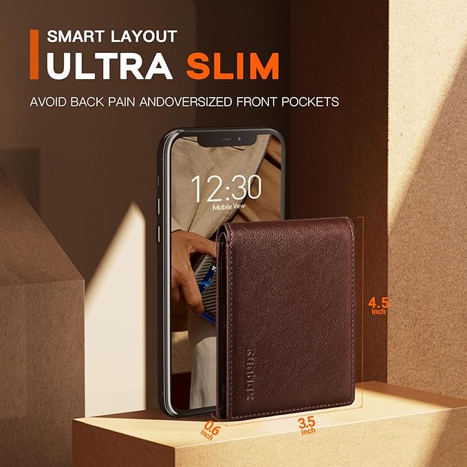 RUNBOX Wallet for Men Slim Leather Bifold RFID Blocking Minimalist Front Pocket Design with Gift Box