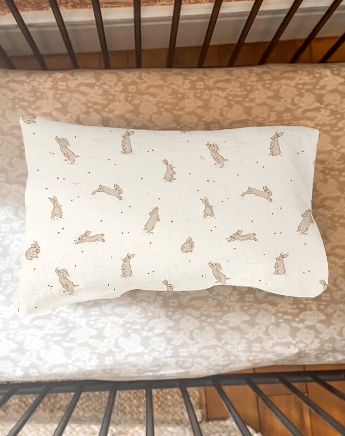 Toddler Pillowcases for 13"x18" Pillow 2 Pack, Muslin Small Toddler Baby Kids Travel Pillow Covers for Boys Girls with Envelope Closure (Rabbit B & Beige, 14 x 20 Inch)