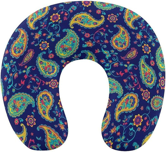 Cute Decorative Travel Neck Pillow Memory Foam Chin Cushion Colorful Paisley Flowers, Washable Cover for Women Airplane Car Home Sleeping Rest