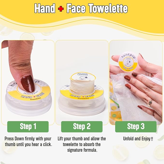 Hand Pop Lemon Scented Wipes - 10 Pack of Travel Size Wet Towelettes, Alcohol-Free, Wipes for Skin Hydration, Convenient, Eco-Friendly, Refreshing, Fits in Gym Bag, Purse, Pocket, or Luggage