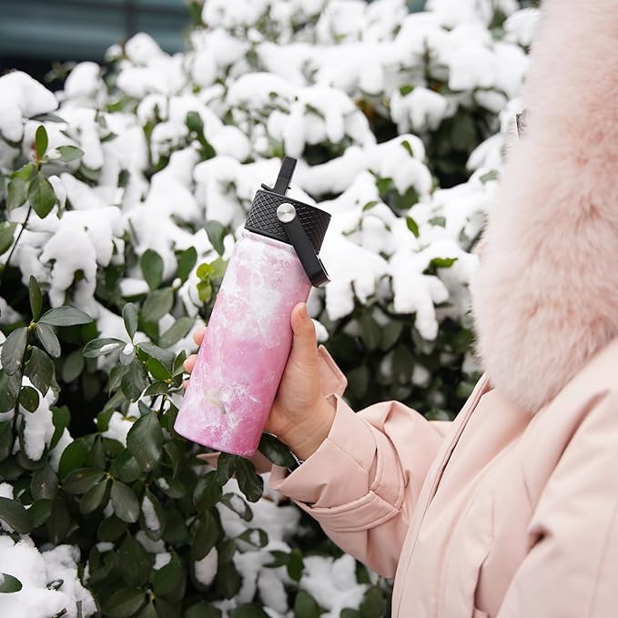 18 oz Insulated Water Bottle Stainless Steel Sport Bottles with 3 Lids,Marble Blossom