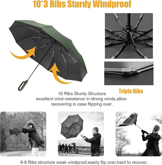 Travel Folding Golf Umbrella 10 Ribs Automatic Open/Close,Lightweight Compact Portable Backpack Car Parasol Outdoor,Sun/Rain,Anti 99 UV Protection UPF 50,Men Women Carabiner Handle Design
