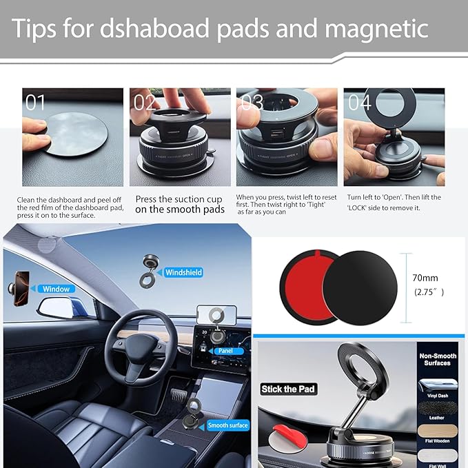 Vacuum Suction Magnetic Phone Holder, 2025 Upgraded Foldable Retractable Suction Cup Car Phone Mount for Magsafe, 360° Adjustable Magnetic Phone Stand for Cars/Gyms/Mirrors/Smooth Surface