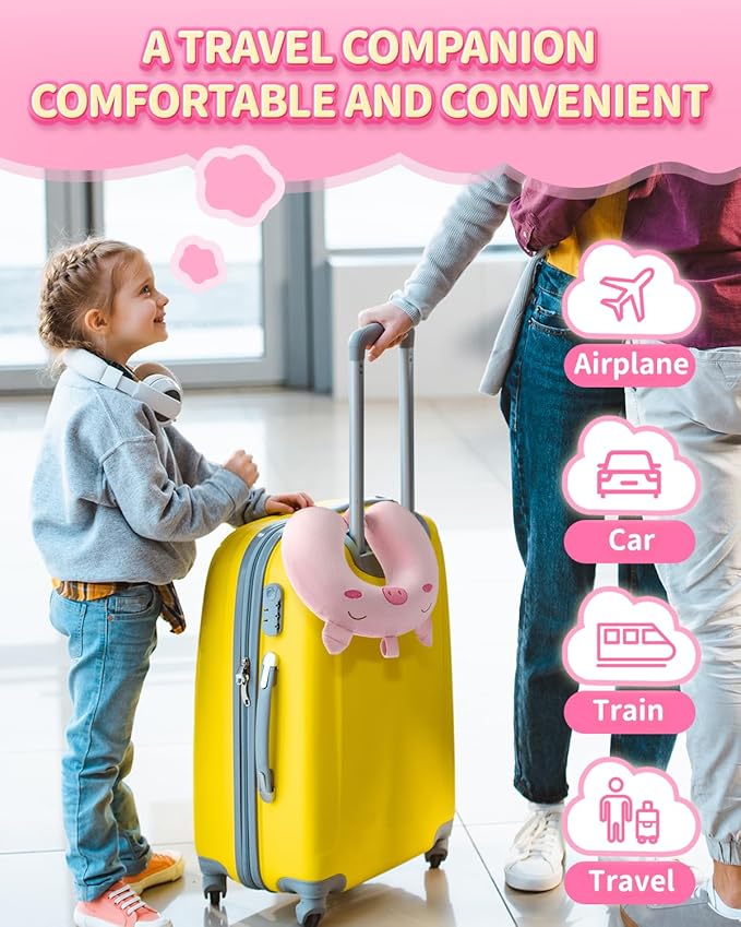 Memory Foam Kids Travel Pillow, Kids Neck Pillows for Travel Car, Cute Airplane Pillow, Washable (Pink Pig, 3-5 Y/O)