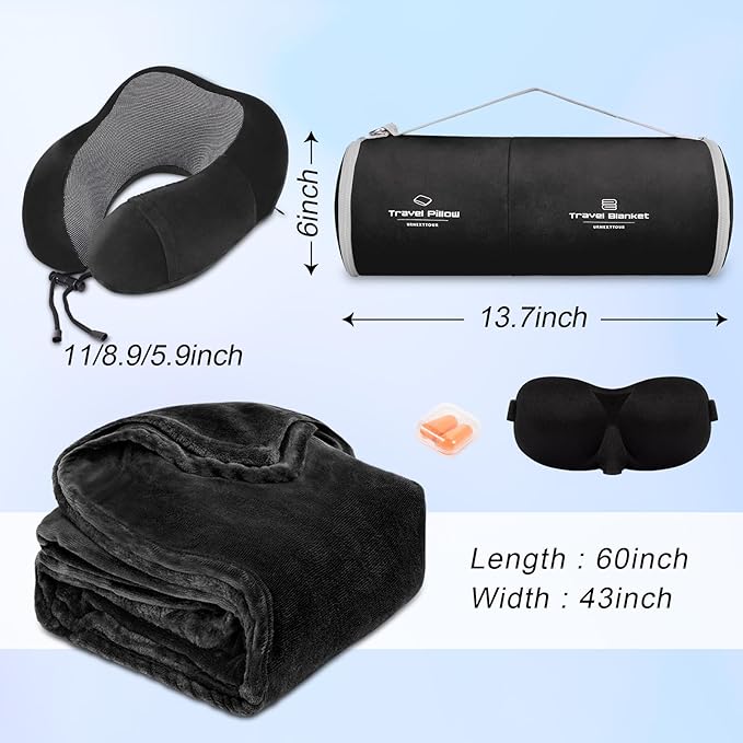 Travel Pillow and Blanket Set Neck Pillows Travel Essentials with Sleep Mask for Airplane Car Memory Foam Black