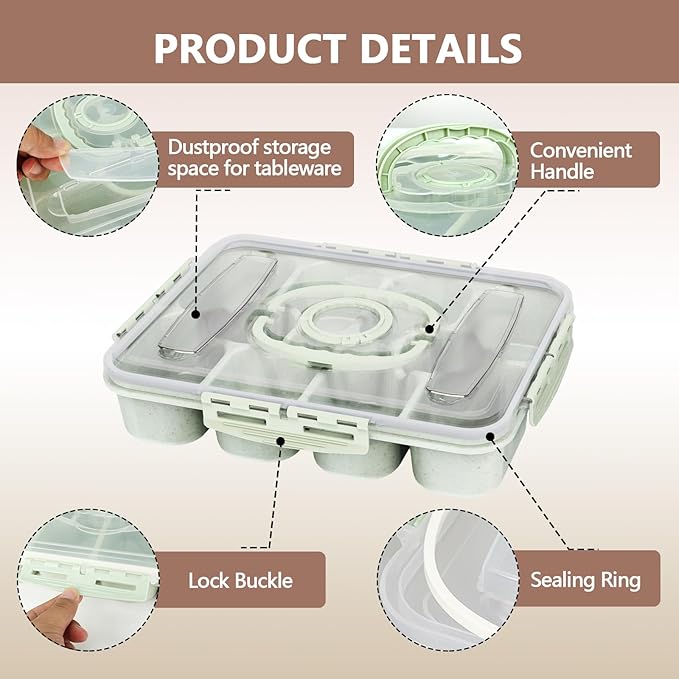 Dishwasher Safe Snackle Box Container, Snack Divided Serving Tray with Lid, Portable Snack Organizer with Date Marker, 2 Dressing Containers, Fork and Spoon, Green