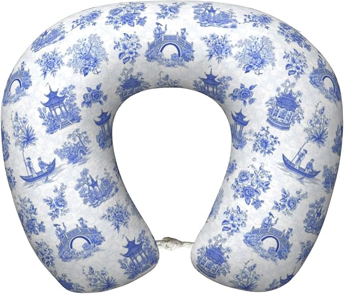 Travel Neck Pillows for Sleeping Rest Car Airplanes Chinese Style Powder Blue Chinoiserie Toile, Memory Foam with Removable Breathable Zipper Cover Washable for Men Women