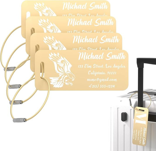 4 PCS Personalized Luggage Tags for Suitcase, Custom Engraved Aluminum Luggage Tags with Your Personalized Text Logo, Metal Name Tags with Steel Loop for Bag, Suitcase, Backpack (Gold, Small)