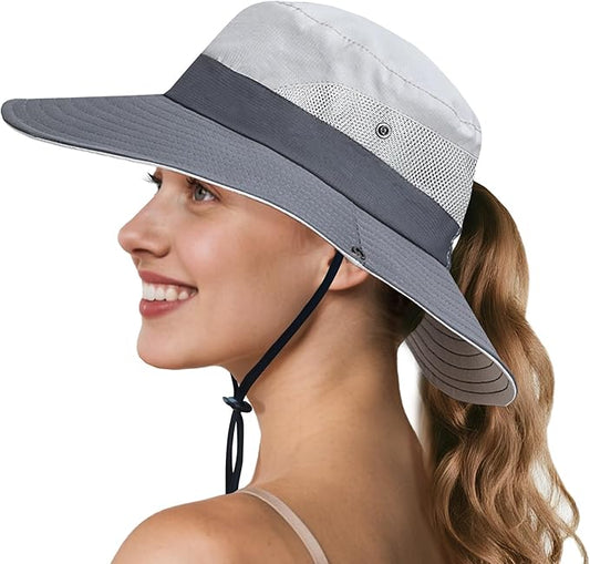 NPQQUAN Ponytail Sun Bucket Hats for Women Men Wide Brim UPF 50+ Fishing & Beach Hats