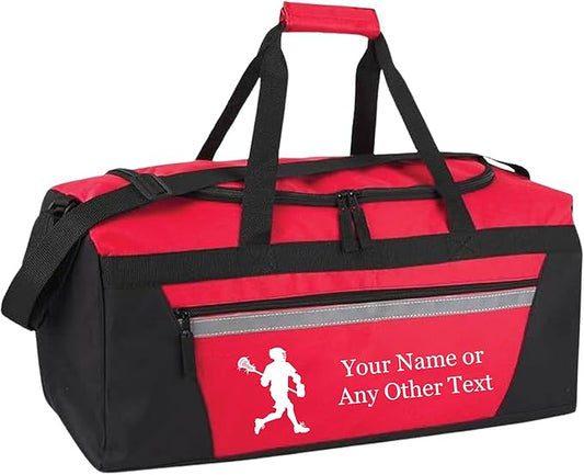 Personalized Sports Duffel Bags for Men and Women - 22” Customized Travel Duffle with Name & Lacrosse Design - Water Resistant Two-Toned Overnight Weekender Bag - Red