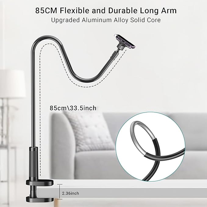 Magnetic Phone Holder for Bed Laying Down with Scrolling Ring Remote Page Turner, Bedside Gooseneck Phone Stand for iPhone Reading, Flexible Mount with Clicker for iPhone/Tiktok/Short Video