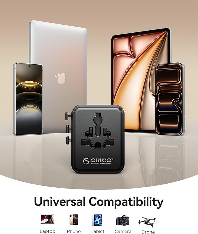 ORICO Universal Travel Adapter with 2 AC 2 USB-C and 1 USB-A Socket, PD 20W International Power Adapter, Worldwide Travel Essentials Wall Charger for USA EU UK AUS JP and Over 200 Countries