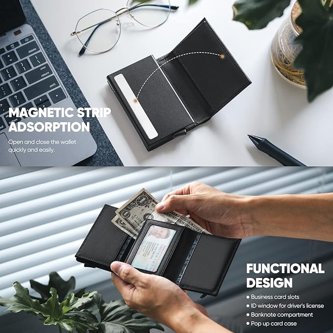 VULKIT Pop up Wallet Minimalist Cash Wallets RFID Blocking Leather Smart Credit Card Holder with Magnetic Closure for Men
