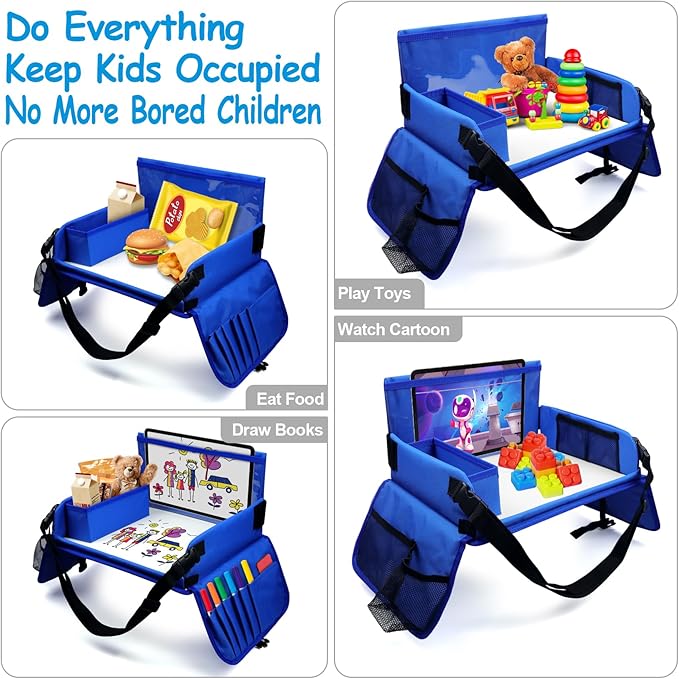 Julaiwy Travel Tray for Kids, Carseat Table Tray for Road Trip Activities, Toddler Lap Desk Organizer for Airplane - Blue