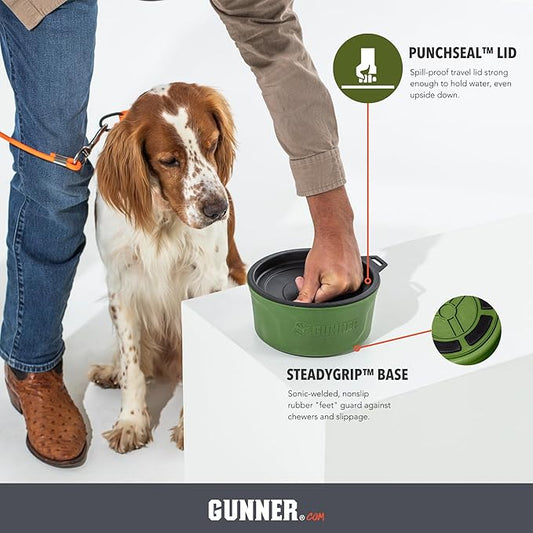 GUNNER Dog Bowl with Spill-Proof Travel Lid – 7.5" x 3.75", 1.3 lb, 7-Cup Capacity, BPA-Free, Rust-Proof, Shock-Resistant, Stackable, Dishwasher Safe, Leak-Resistant Nesting Lid – Green