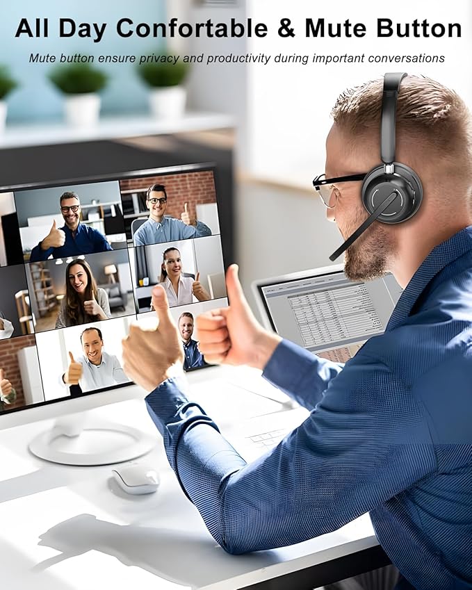 Blue Air Wireless Headphones with Microphone, Bluetooth Headset with Noise Cancelling Mic & USB Dongle & Mic Mute, 40H Playtime, Powerful Sound, for Work Meetings Calls Computer Laptop PC Phone