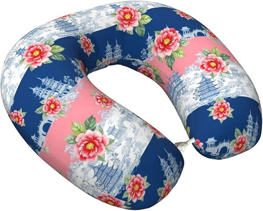 Neck Pillow Memory Foam Chin Cushion with Breathable Cover Pink Watercolor Peony Blue Chinoiserie, Cute Airplane Car Pillows for Office Head Pain Relief