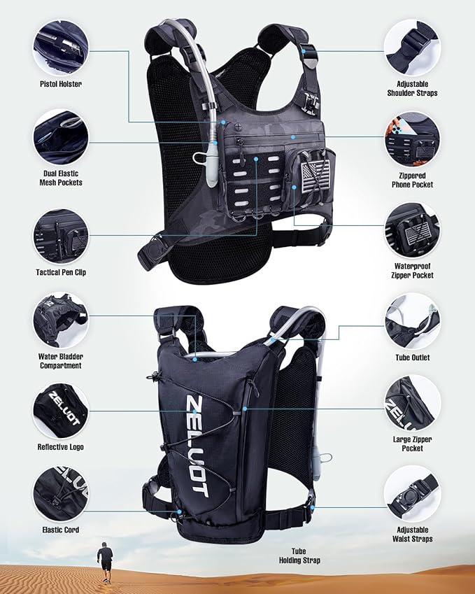 Running Vest with 2L Water Bladder, Hydration Pack, USA Original Patent, Lightweight Hydration Backpack with Gear Holder, Reflective Chest Pack for Men Women for Marathon Hiking