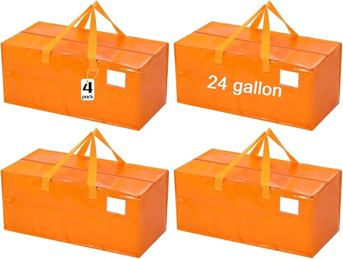 4 Pcs 24 Gallon Large Moving Bags with Zipper and Handles Foldable Storage Duffle Bags Heavy Duty Extra Large Totes for College Dorm Travel Clothes Blankets Bedding Moving (Jelly Orange)