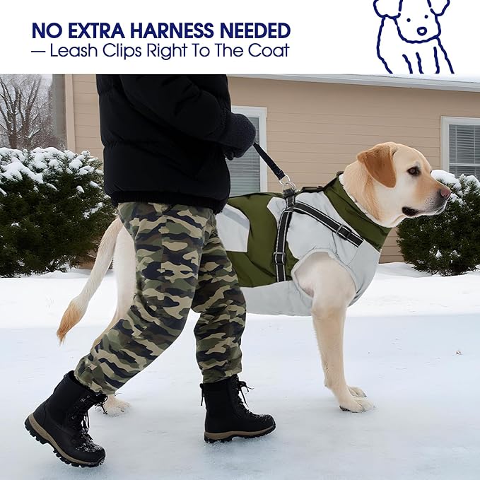 FUAMEY Dog Winter Jackets for Small Dogs,Dog Coat with Harness Built in,Waterproof Dogs Snowsuits Warm Pet Jacket Zip Up Fleece Cold Weather Coats Reflective Puppy Vest with Pocket Green S