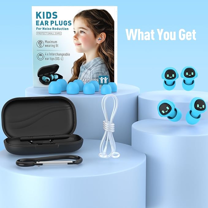 2 Pairs Kids Ear Plugs for 5-12 Yr, 27 dB Noise Reduction Extra Small Earplugs, Ear Plugs for Kids for Noise Sensitivity, Socializing, Sleep, Focus, 4 Sizes Ear Tips in XS-L (2X Purple+Cord)