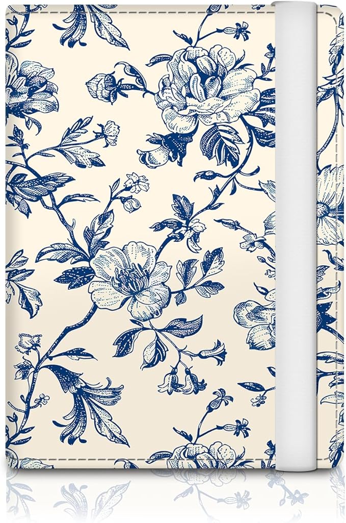 Passport Holder for Travel Essentials, RFID Premium Leather Passport Wallet Cover Case for Travel Must Haves Accessories, Passport Book Holders for Women Men Luxuxry Blue Flowers