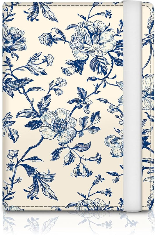 Passport Holder for Travel Essentials, RFID Premium Leather Passport Wallet Cover Case for Travel Must Haves Accessories, Passport Book Holders for Women Men Luxuxry Blue Flowers