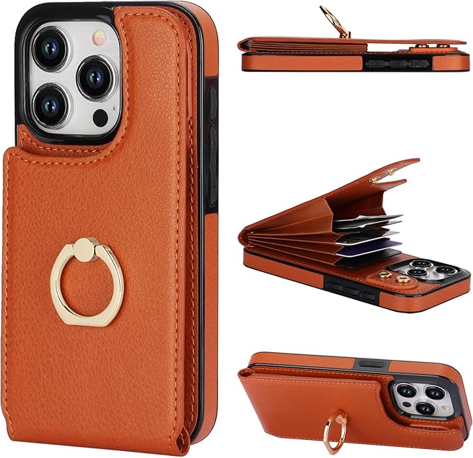 Folosu Compatible with iPhone 15 Pro Case Wallet with Card Holder, 360°Rotation Finger Ring Holder Kickstand, RFID Blocking Leather Protective Double Buttons Shockproof Cover 6.1 Inch Brown