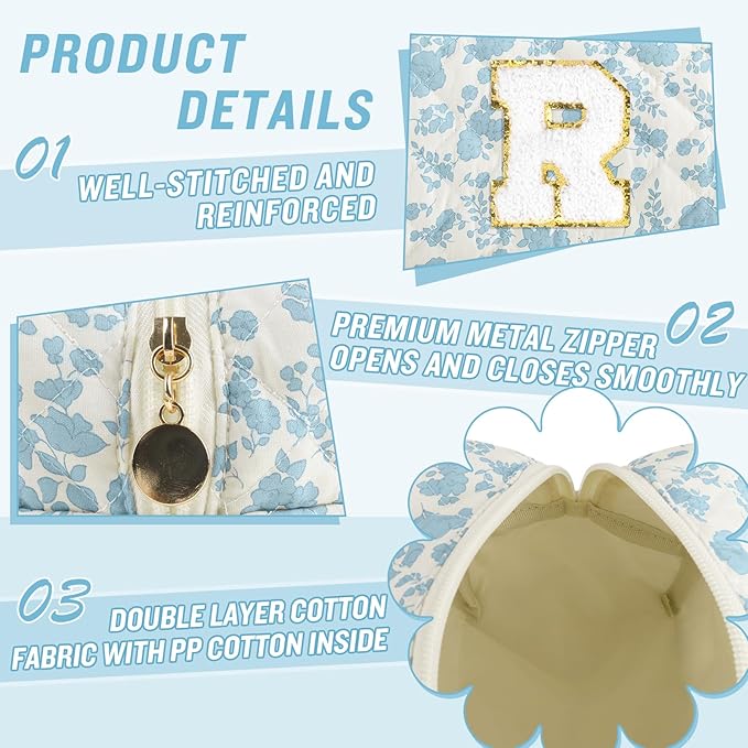 Personalized Quilted Cosmetic Bag, Puffy Monogrammed Christmas Birthday Gifts for Women & Girls, Cute initial Floral Makeup Bag Puffer Coquette Bag, Aesthetic Travel Toiletry Zipper Pouch(Blue,R)