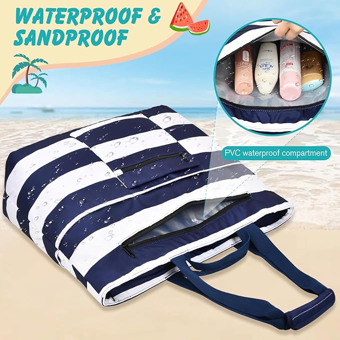 Extra Large Beach Bags for Women, Waterproof Sandproof Beach Tote Bag Zipper Foldable Swim Pool Bag with Wet Pocket