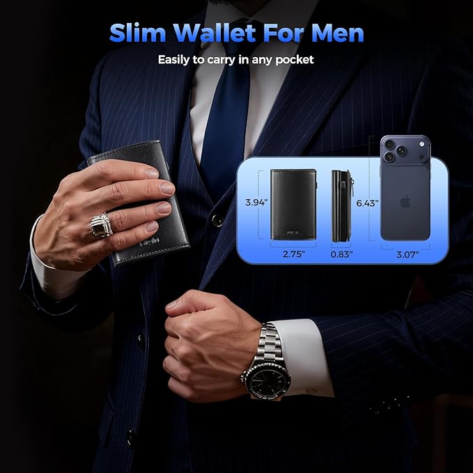 Mrain Mens Slim Minimalist Wallet Card Holder with Coin Pocket, Cash Slot, Magnetic Closure, Pop Up Aluminum Case, ID Window, Leather Wallet, RFID Blocking, 9-13 Card Capacity (Wax Black)