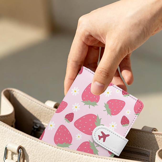 Passport Holder, Travel Wallet Cover with Pen Loop | Cute RFID Blocking Leather Case with Magnetic Closure for Travel Essentials-Strawberry