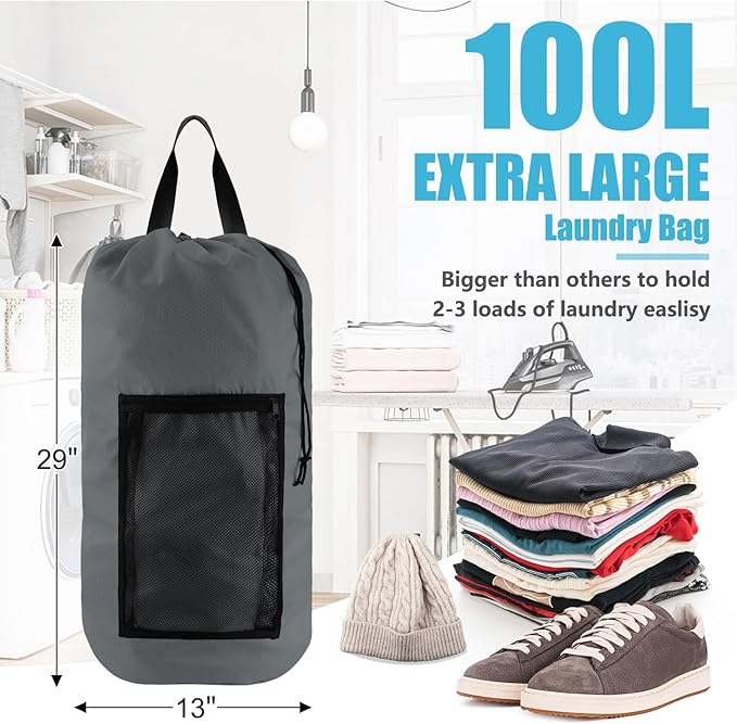 Laundry Bag Backpack, Extra Large Travel Laundry Bag with Mesh Pocket & Adjustable Shoulder Straps,Dirty Clothes Travel Bag for College Students Dorm,Apartment(Grey)